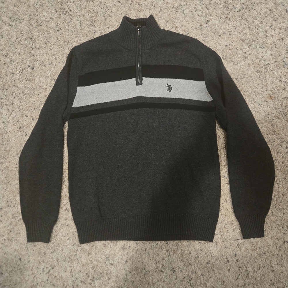 U.S. Polo Assn Men's XL Quarter Zip Sweater Gray Black Striped‎ Pullover